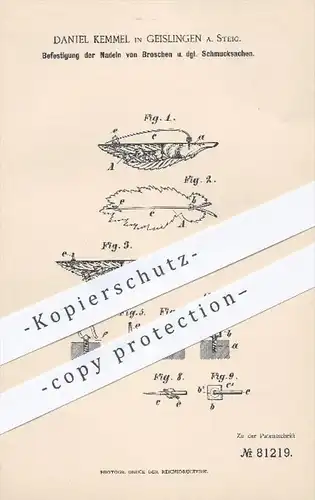 original Patent - Daniel Kemmel in Geislingen , 1894 , Befestigung der Nadel an Broschen u. a. Schmuck , Goldschmied !!