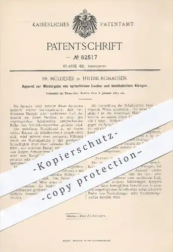 original Patent - Fr. Müller in Hildburghausen , 1895 , Apparat zur Wiedergabe von Tönen , Lauten und Musik !!!