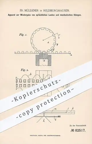 original Patent - Fr. Müller in Hildburghausen , 1895 , Apparat zur Wiedergabe von Tönen , Lauten und Musik !!!