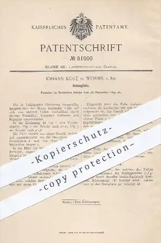 original Patent - Johann Korz in Worms , 1894 , Schlagfalle , Falle , Tierfalle , Mäusefalle , Mäuse , Tiere , Tier !!!
