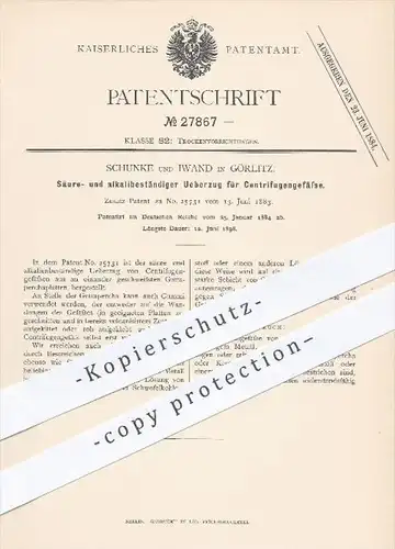 original Patent - Schunke u. Iwand , Görlitz , 1884 , Säure- u. alkalibeständiger Überzug für Zentrifugen - Gefäße !!