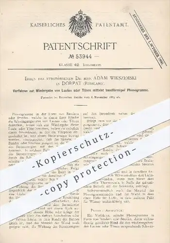 original Patent - Erben von Dr. med. A. Wikszemski , Dorpat , Russland , 1889 , Wiedergabe von Tönen mit Phonogramm !!!
