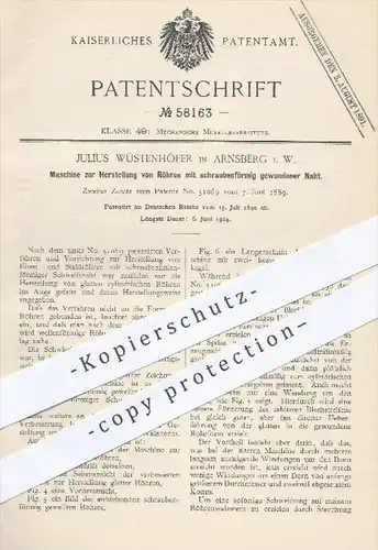 original Patent - J. Wüstenhöfer , Arnsberg , 1890 , Herstellung von Röhren , Rohr , Rohre , Metall , Schweißen , Blech