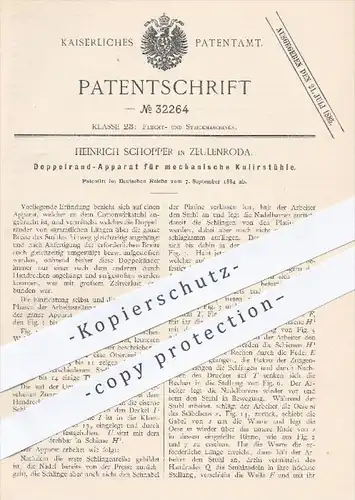 original Patent - Heinrich Schopper in Zeulenroda , 1884 , Doppelrand-Apparat für mechanische Kulierstühle , Wirkstuhl !