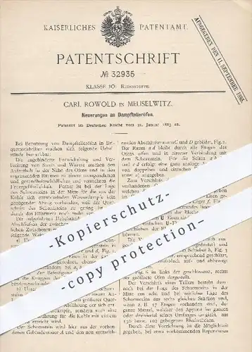 original Patent - Carl Rowold in Meuselwitz , 1885 , Dampftellerofen , Ofen , Öfen , Brennstoffe , Brikett , Schornstein