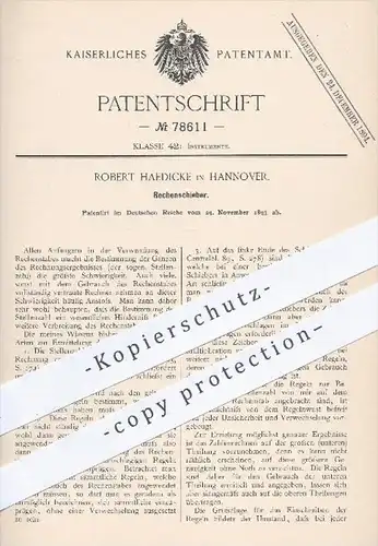 original Patent - Robert Haedicke in Hannover , 1893 , Rechenschieber , Rechnen , Mathematik , Schule , Rechenstab !!!