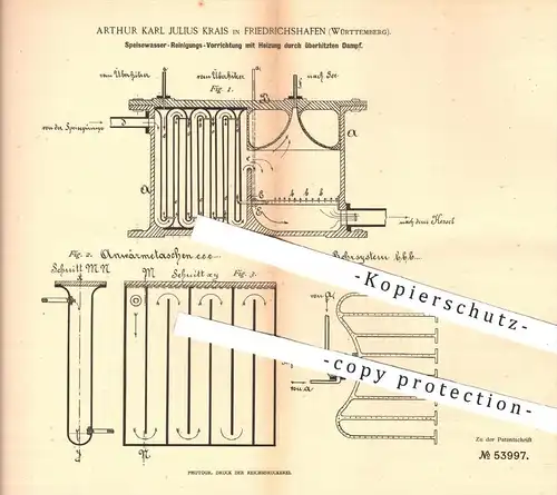 original Patent - A. K. J. Krais , Friedrichshafen , 1890 , Reinigung von Speisewasser mit Heizung , Dampfkessel !!!