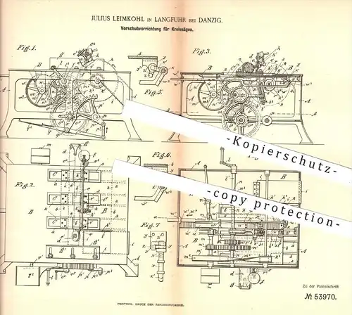 original Patent - J. Leimkohl , Langfuhr / Danzig , 1890 , Vorschubvorrichtung für Kreissägen , Säge , Sägen , Holz !!