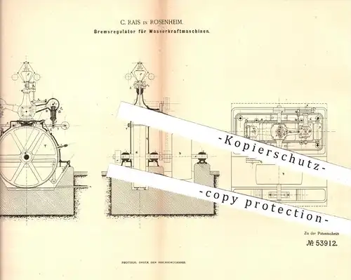 original Patent - C. Rais in Rosenheim , 1890 , Bremsregulator für Wasser - Kraftmaschinen , Regulatoren , Zentrifuge !