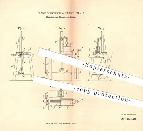 original Patent - Franz Schorsch in Tetschen , 1898 , Rändeln von Karten , Kartenspiel , Papier , Buchbinder , Buch !