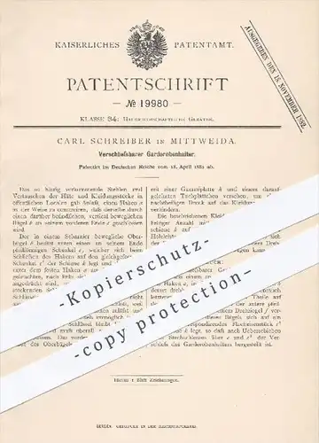 original Patent - C. Schreiber , Mittweida , 1882 , Verschliessbarer Garderobenhalter , Garderobe , Kleiderhaken !!!