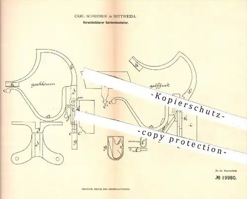 original Patent - C. Schreiber , Mittweida , 1882 , Verschliessbarer Garderobenhalter , Garderobe , Kleiderhaken !!!