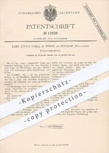 original Patent - K. J. Vöbel , Herne / Bochum , 1882 , Vielringventil , Ventil  Ventile , Maschinen , Dichtung , Metall