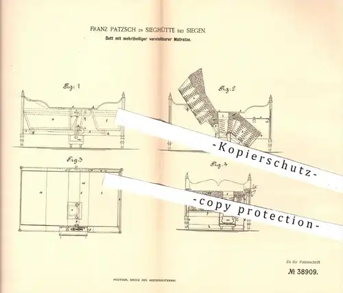 original Patent - F. Patzsch , Sieghütte / Siegen , 1886 , Bett mit verstellbarer Matratze , Betten , Möbel , Sessel !!