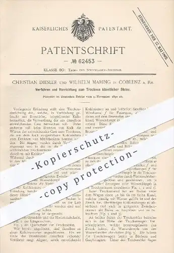 original Patent - Ch. Diesler , W. Maring , Koblenz , 1890 , Trocknen künstlicher Steine , Steingut , Ton , Brennofen !!