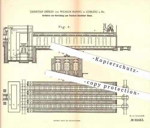 original Patent - Ch. Diesler , W. Maring , Koblenz , 1890 , Trocknen künstlicher Steine , Steingut , Ton , Brennofen !!