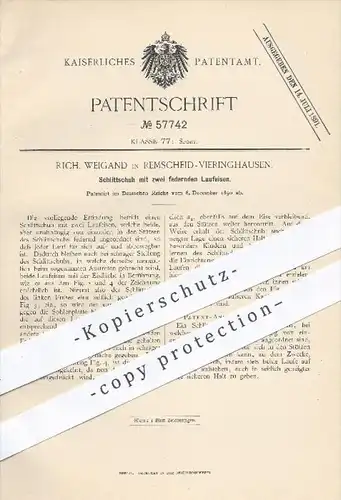 original Patent - R. Weigand , Remscheid Vieringhausen 1890 , Schlittschuh mit 2 federnden Laufeisen , Schlittschuhe !!