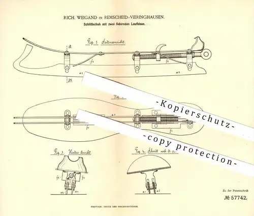 original Patent - R. Weigand , Remscheid Vieringhausen 1890 , Schlittschuh mit 2 federnden Laufeisen , Schlittschuhe !!