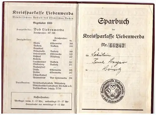 Sparbuch der Sparkasse Bad Liebenwerda , 1938 - 1943 , Lönitz !!!