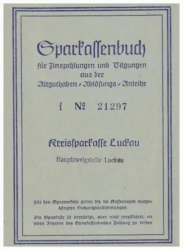 Sparbuch der Sparkasse Luckau , 1952 , Melitta Wiebusch , geb. Jahn , Bank !!!