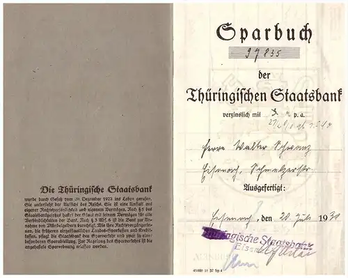 Sparbuch der Staatsbank Eisenach , 1938-1943 , Walter Schwarz , Sparkasse , Bank !!!