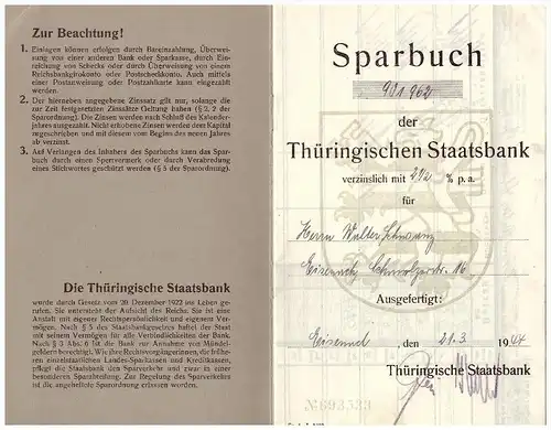 Sparbuch der Staatsbank Eisenach , 1944 , Walter Schwarz , Sparkasse , Bank !!!