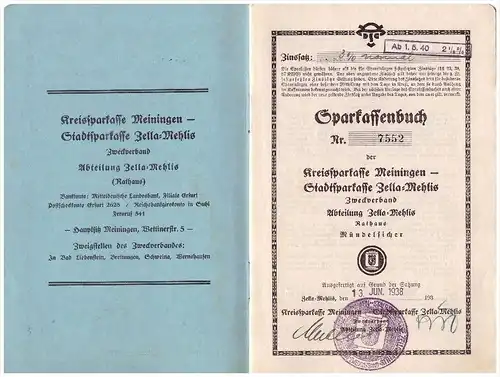 Sparbuch der Sparkasse Zella-Mehlis , 1938-1945 , Gerda Ritz , geb. Kessel , Meiningen , Bank !!!