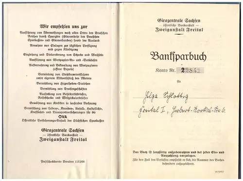 Sparbuch der Girozentrale Freital , 1944 , Helga Schlottig , Bank , Sparkasse !!!