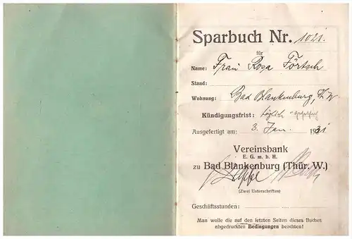 Sparbuch Sparkasse , Bad Blankenburg 1931 , Rosa Förtsch !!!!