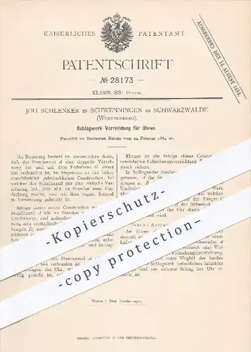 original Patent - Joh. Schlenker , Schwenningen / Schwarzwald , 1884 , Schlagwerk für Uhren , Uhr , Uhrwerk , Uhrmacher