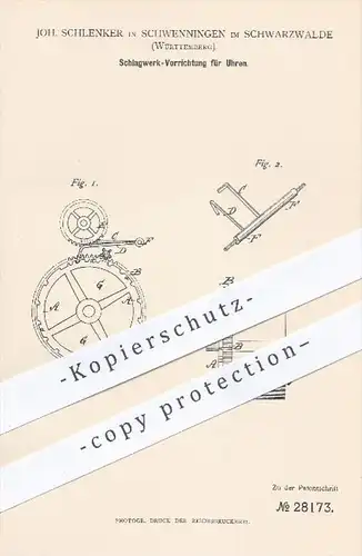 original Patent - Joh. Schlenker , Schwenningen / Schwarzwald , 1884 , Schlagwerk für Uhren , Uhr , Uhrwerk , Uhrmacher