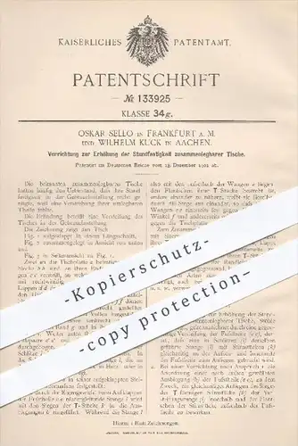 original Patent - O. Sello , Frankfurt / Main , W. Kuck , Aachen , Standfestigkeit zusammenlegbarer Tische , Tisch !!