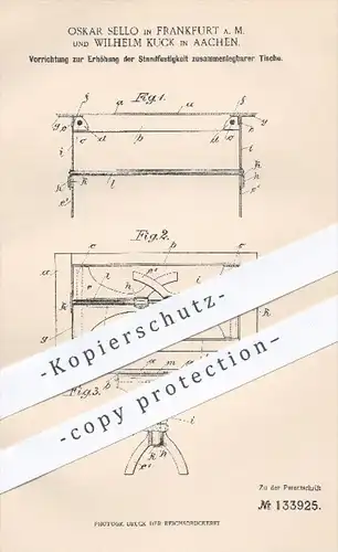 original Patent - O. Sello , Frankfurt / Main , W. Kuck , Aachen , Standfestigkeit zusammenlegbarer Tische , Tisch !!