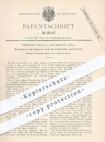original Patent - Th. Groll , Frankfurt / Main , 1884 , Apparat zum Zerschneiden von Perlen , Korallen , Perle , Koralle