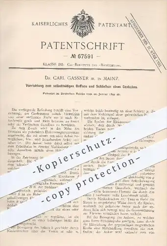 original Patent - Dr. Carl Gassner / Mainz , 1892 , selbsttätiges Öffnen & Schließen vom Gashahn , Gas , Elektrizität !!