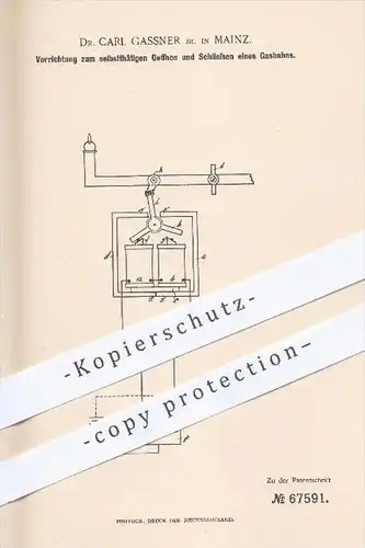 original Patent - Dr. Carl Gassner / Mainz , 1892 , selbsttätiges Öffnen & Schließen vom Gashahn , Gas , Elektrizität !!