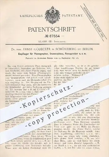 original Patent - Dr. phil. E. Gödecker , Berlin Schöneberg 1891 , Empfänger für Phonographen , Grammophone Fernsprecher