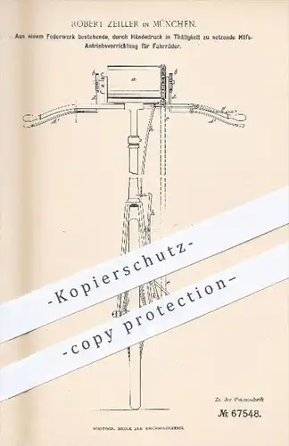 original Patent - Robert Zeiller in München , 1892 , Hilfs-Antrieb für Fahrräder aus einem Federwerk bestehend , Fahrrad