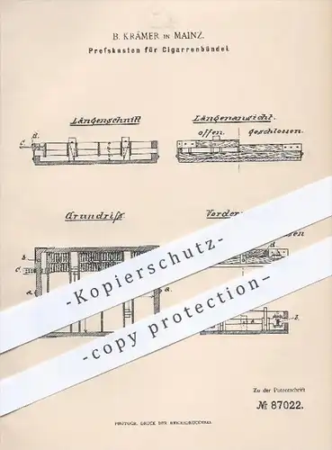 original Patent - B. Krämer in Mainz , 1895 , Presskasten für Zigarrenbündel , Zigarre , Zigarren , Tabak , Kurzwaren !