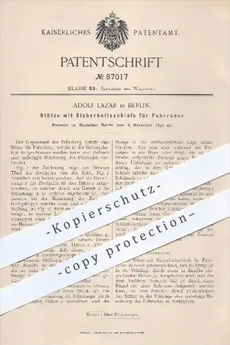 original Patent - Adolf Lazar in Berlin , 1895 , Stütze mit Sicherheitsschloss für Fahrräder , Fahrrad - Ständer !!!