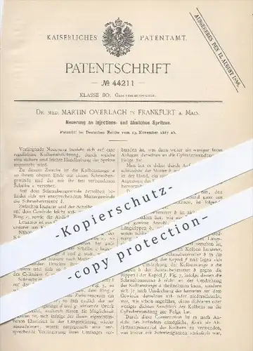 original Patent - Dr. med. M. Overlach , Frankfurt / Main , 1887 , Injektionsspritzen , Spritze , Spritzen , Medizin !!!