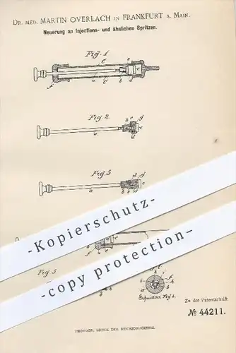 original Patent - Dr. med. M. Overlach , Frankfurt / Main , 1887 , Injektionsspritzen , Spritze , Spritzen , Medizin !!!