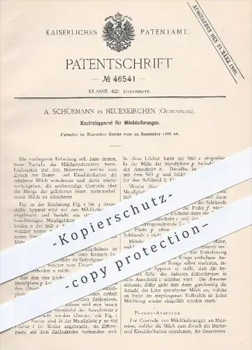 original Patent - A. Schürmann in Neuenkirchen , Oldenburg , 1888 , Kontrollapparat für Milchlieferungen , Milch !!!