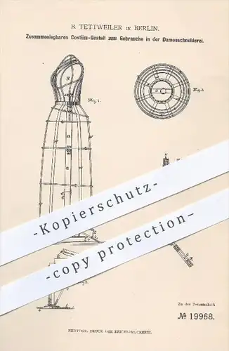 original Patent - B. Tettweiler in Berlin , 1882 , Kostüm - Gestell , Schneiderpuppe , Damenschneiderei , Schneider !!!