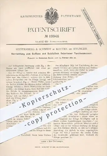 original Patent - Weyersberg & Schmidt , Kotten / Solingen , 1882 , Öffnen & Schließen federloser Taschenmesser , Messer
