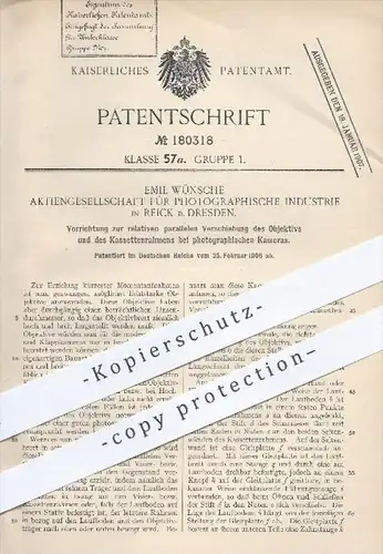 original Patent - E. Wünsche AG für Photographische Industrie , Reick / Dresden , 1906 , Objektiv an Foto- Kameras !