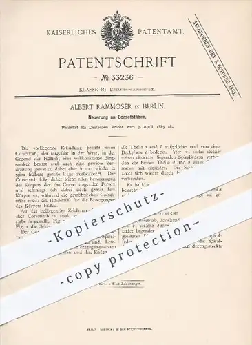 original Patent - Albert Rammoser , Berlin , 1885 , Korsettstäbe , Korsett , Bekleidung , Mode , Schneider , Schneiderei