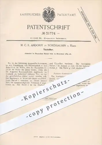 original Patent - M. C. R. Andorff , Nordhausen / Harz  1884 , Tischzitter , Zitter , Zittern , Musikinstrumente , Musik