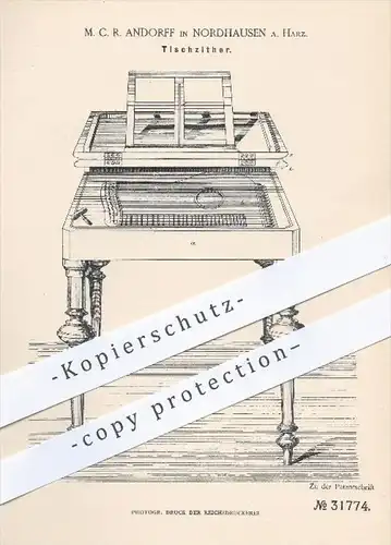 original Patent - M. C. R. Andorff , Nordhausen / Harz  1884 , Tischzitter , Zitter , Zittern , Musikinstrumente , Musik