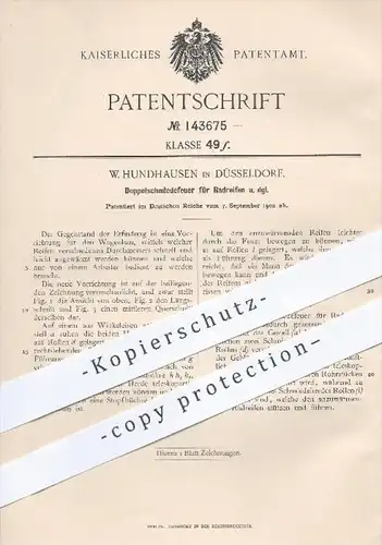 original Patent - W. Hundhausen in Düsseldorf , 1902 , Doppelschmiedefeuer für Radreifen , Schmiedefeuer , Schmied !!